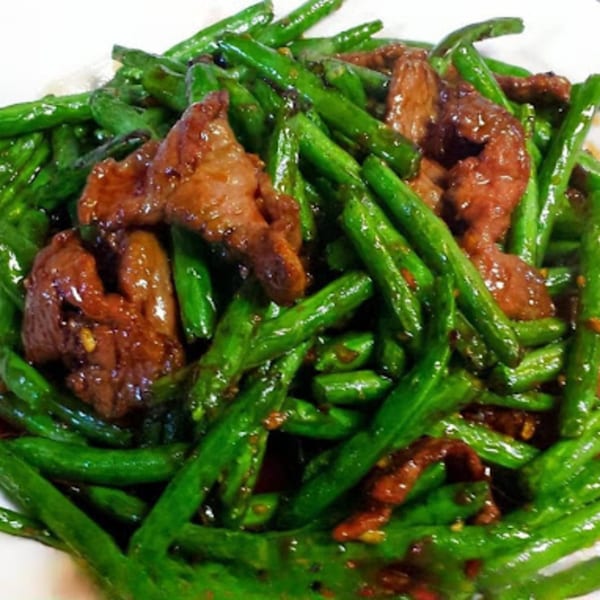 Close-up of green beans and beef stir-fry from Bao Bao Chinese Bistro.