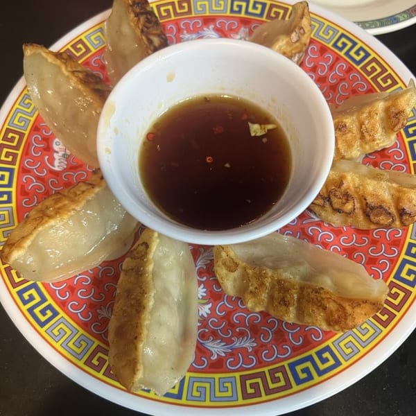 Pan-fried dumplings arranged around a small bowl of dipping sauce on a red and yellow patterned plate.