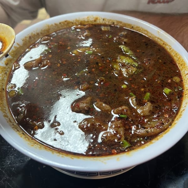 A close-up of a dark, rich Chinese soup with meat and green onions in a white bowl.