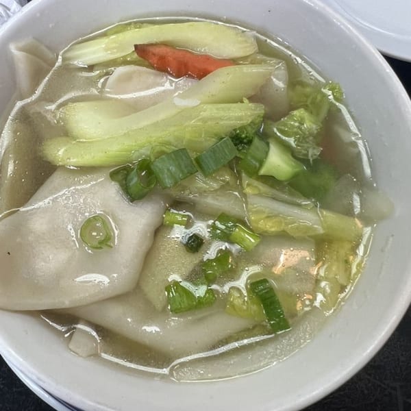 A bowl of Chinese wonton soup with bok choy, red pepper, and green onions.